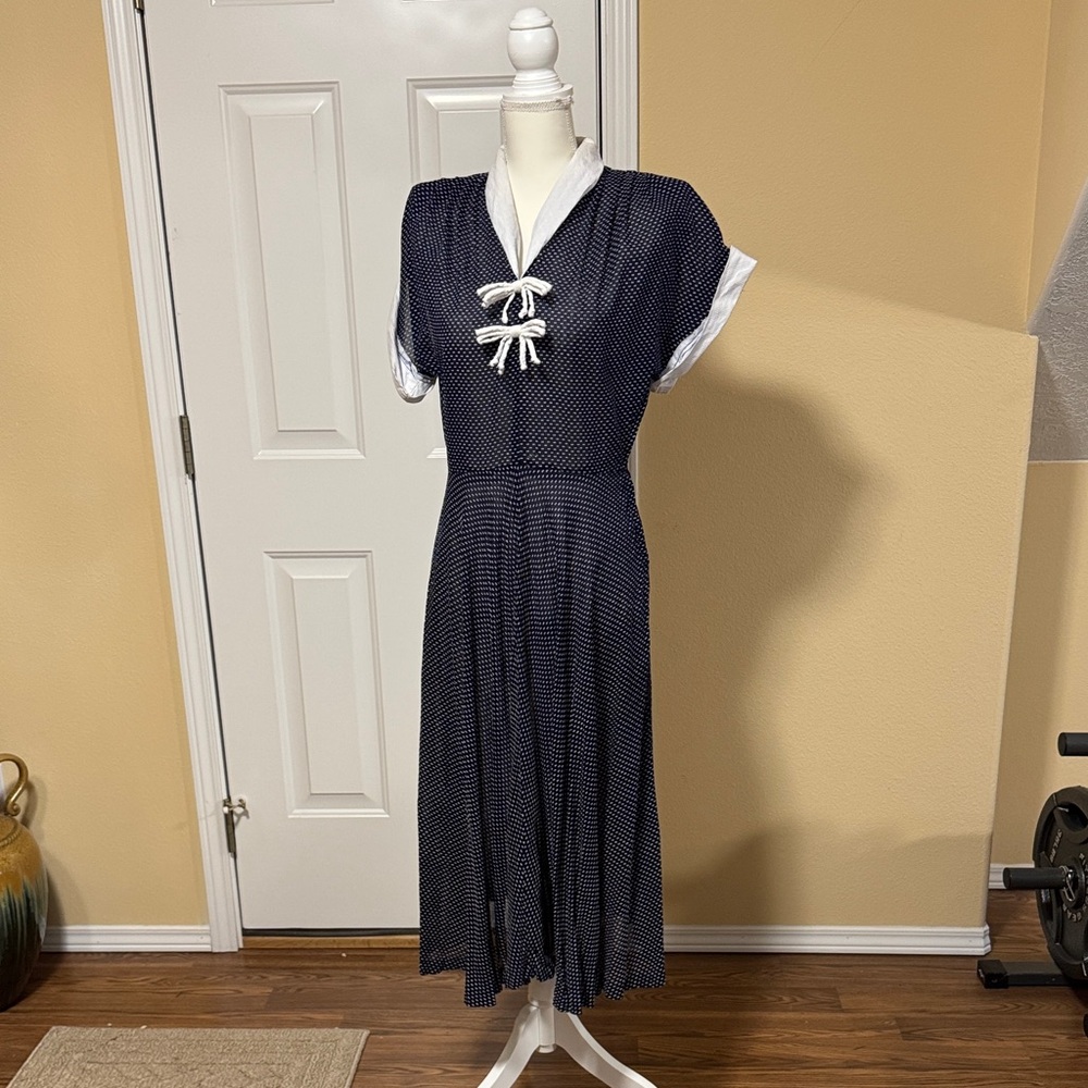 *REPOSHING*Navy Polka Dot Tie-Front Midi Dress